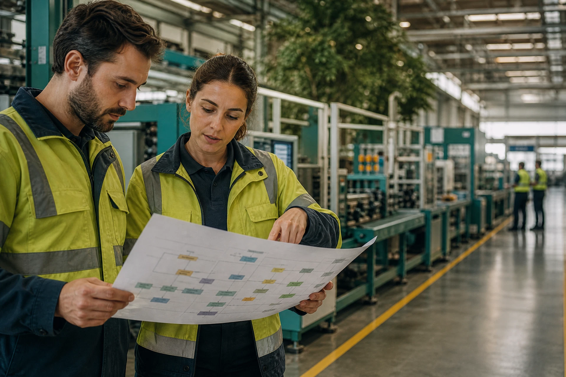 Equipo técnico revisando un proceso de trabajo en un entorno industrial